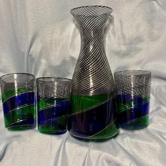 Vintage Art Glass Decanter Set Blue Green Black Spiral Hand Blown MCM Barware - Picture 1 of 4